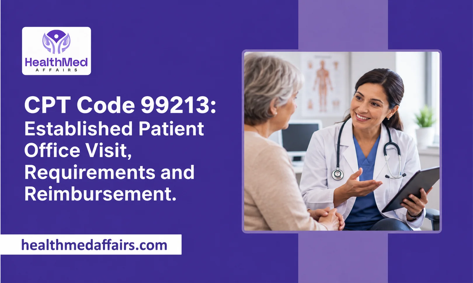 CPT Code 99213 established patient office visit, showing a doctor consulting with a patient about medical care