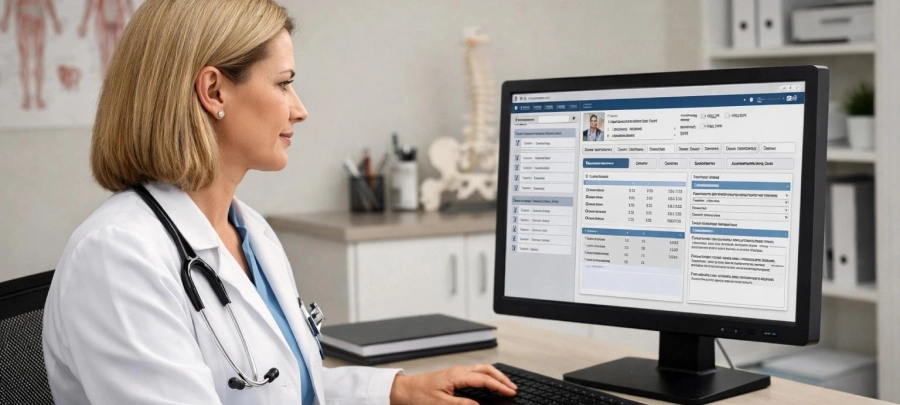 Podiatry provider reviewing patient billing records in EHR software on a computer
