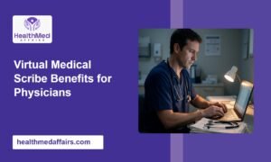 Virtual medical scribe benefits for physicians: a physician charting a patient note late at night at a clinic desk